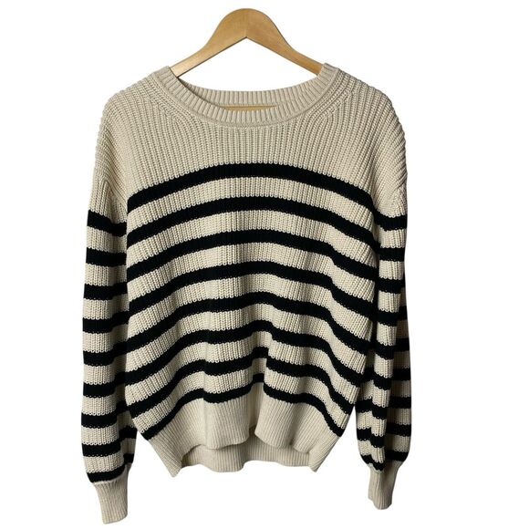 Gap Women's Chunky Cotton Striped Sweater Sz L Black White Boxy Relaxed Crewneck - Picture 1 of 7